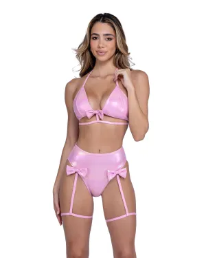 Metallic Iridescent High-Waisted Shorts with Attached Leg Straps and Bow