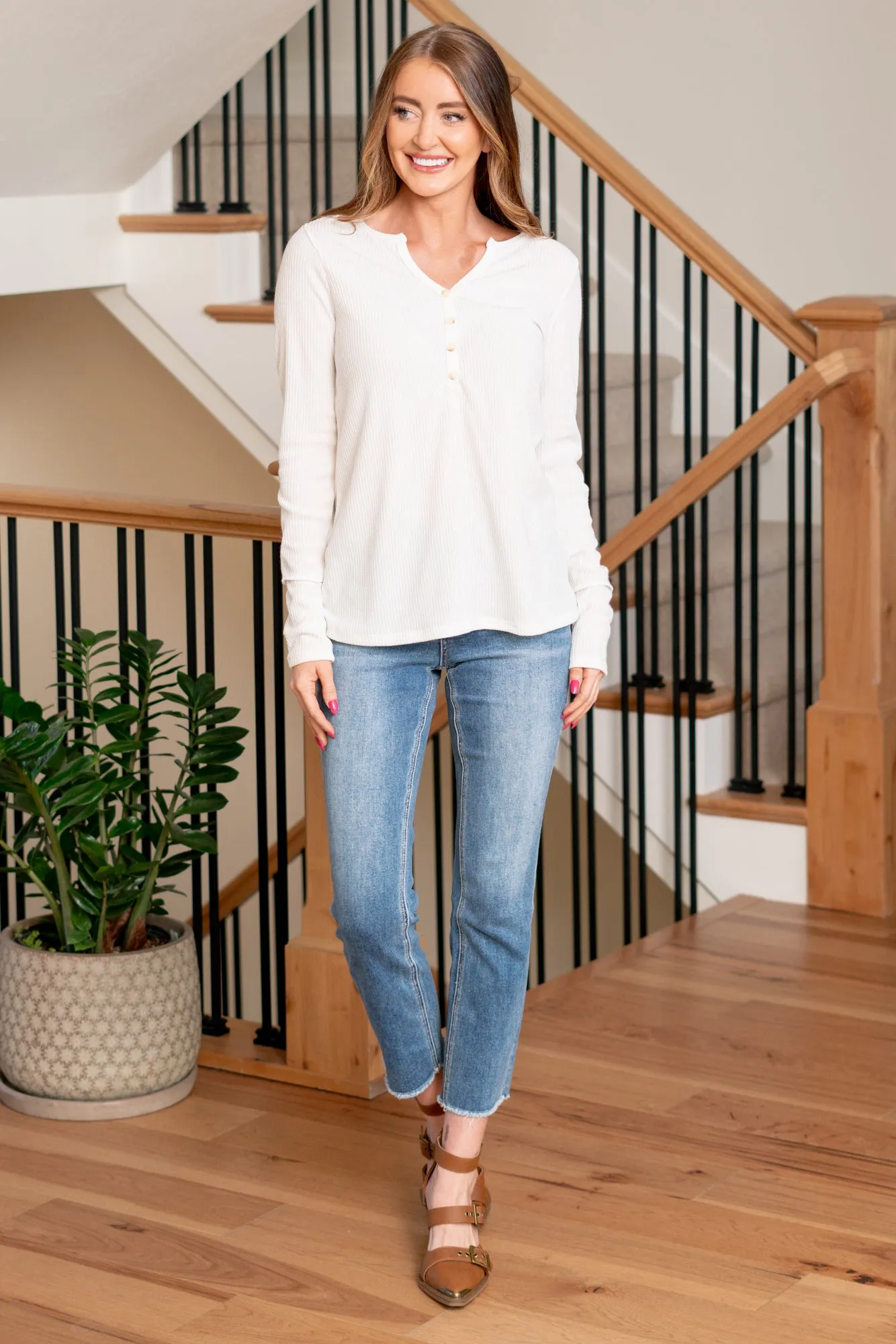 Mire Rib Knit Button Down - Ivory
