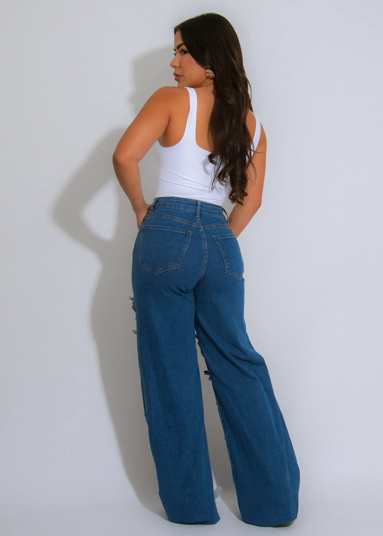 MMS0647P - FLORAL CUTOUT DENIM PANTS