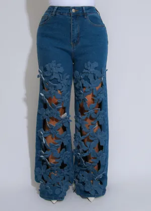 MMS0647P - FLORAL CUTOUT DENIM PANTS