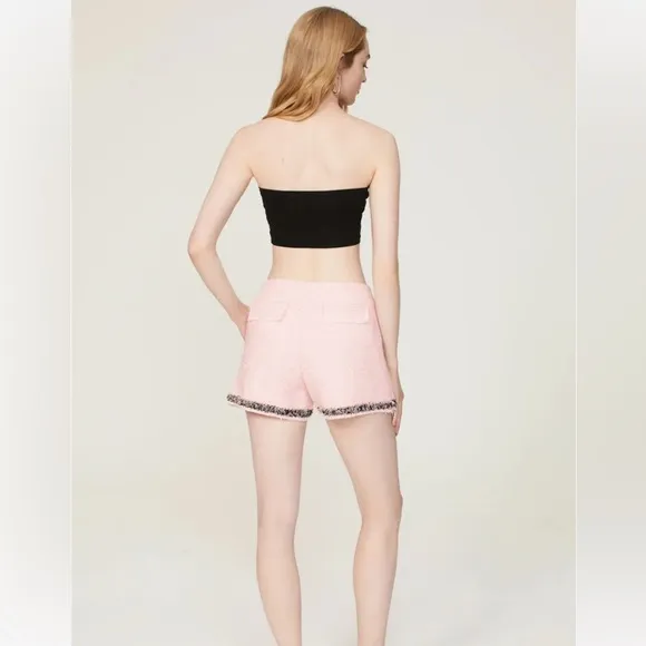 MSGM Pink Tweed Shorts Boucle Light Pink Fringe Plaid White Black Trim Preppy 12