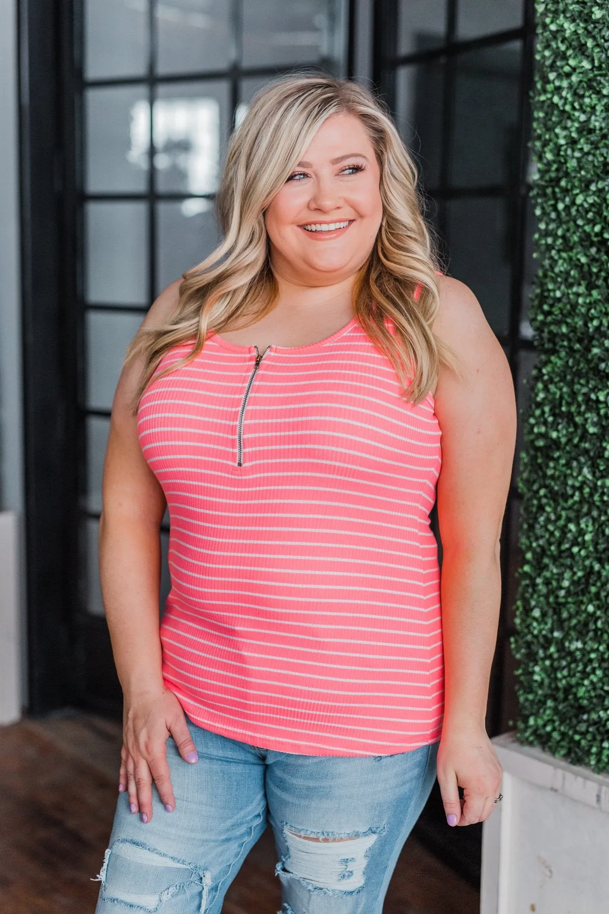 Neon Pink Zipper Tank Top