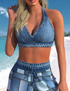 NEW MODLILY® Tie High Waisted Denim Blue Bikini Set, Sz XL, Retails $55