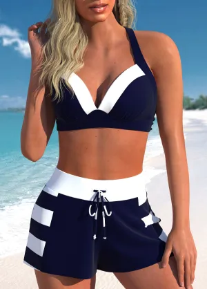 New ROTITA Patchwork Navy Striped High Waisted Bikini Set Sz L Retails $45 