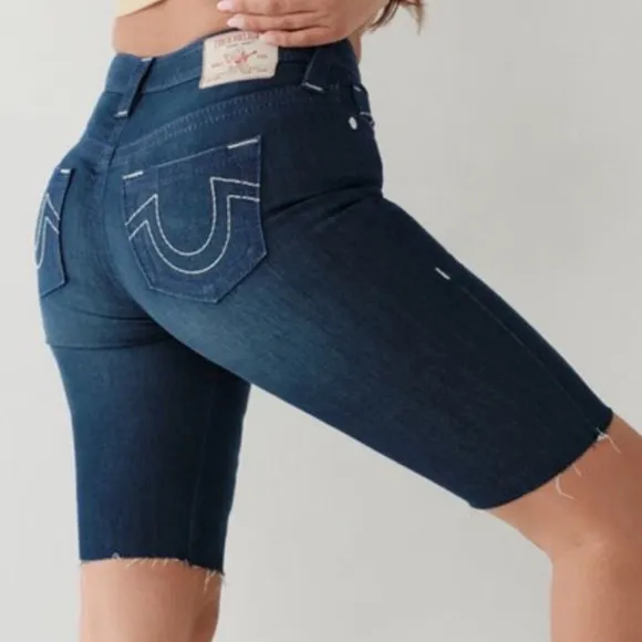 New True Religion Riley Short Mid Rise Bermuda Denim Jean Shorts 26