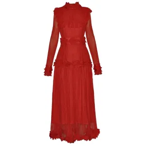 Niccola Stand Collar Long Sleeves Appliques Red Vintage Party Dress