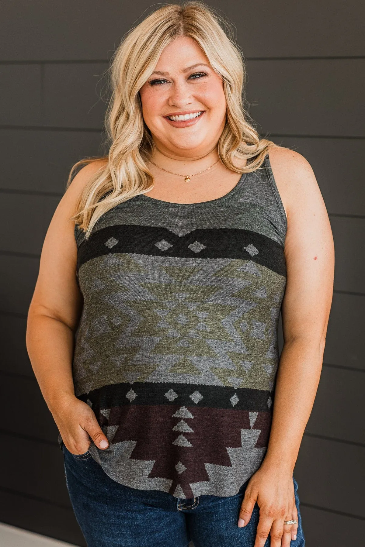 Not Over You Aztec Tank Top- Charcoal