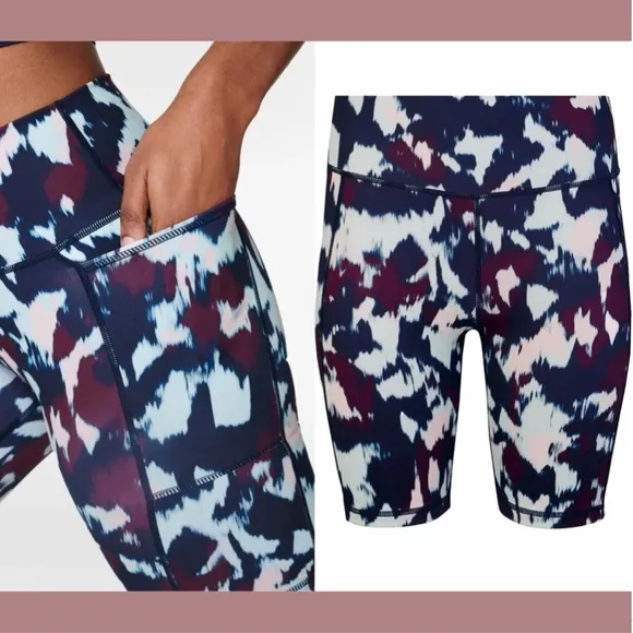 NWT $78 SWEATY BETTY [‎ XXS 0 ] Super Sculpt 8&quot; Biker Shorts Blue Flow Print