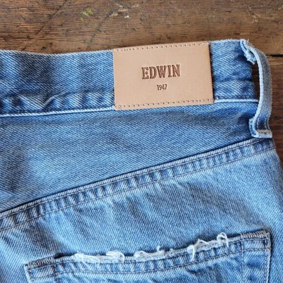 NWT Edwin Cai Long Shorts Medium Wash Blue Denim Bermuda Cut Off Women's Size 26