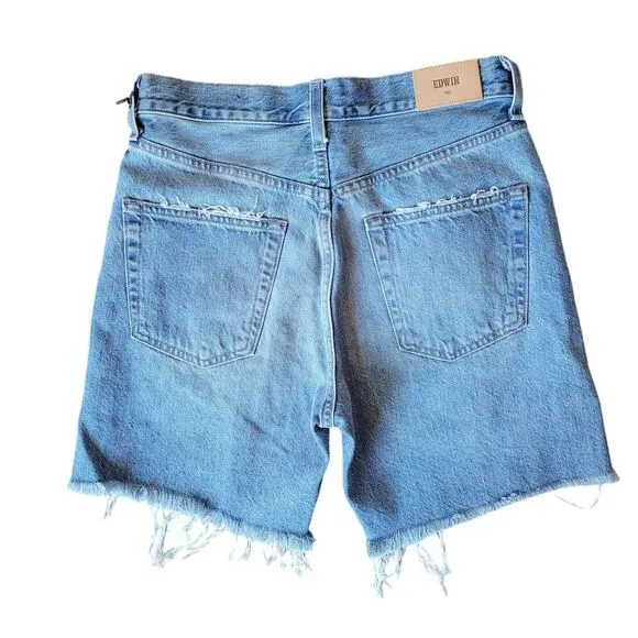 NWT Edwin Cai Long Shorts Medium Wash Blue Denim Bermuda Cut Off Women's Size 26