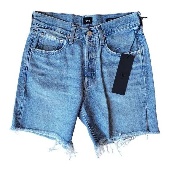 NWT Edwin Cai Long Shorts Medium Wash Blue Denim Bermuda Cut Off Women's Size 26