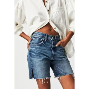 NWT Edwin Cai Long Shorts Medium Wash Blue Denim Bermuda Cut Off Women's Size 26