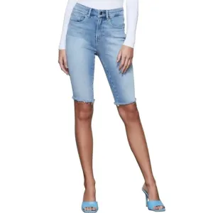 NWT Good American High Rise Fray Hem Bermuda Shorts in Blue459