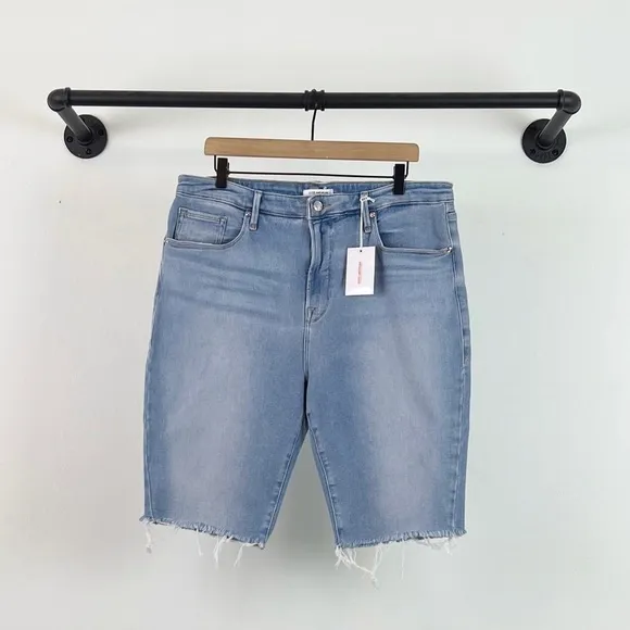 NWT Good American High Rise Fray Hem Bermuda Shorts in Blue459