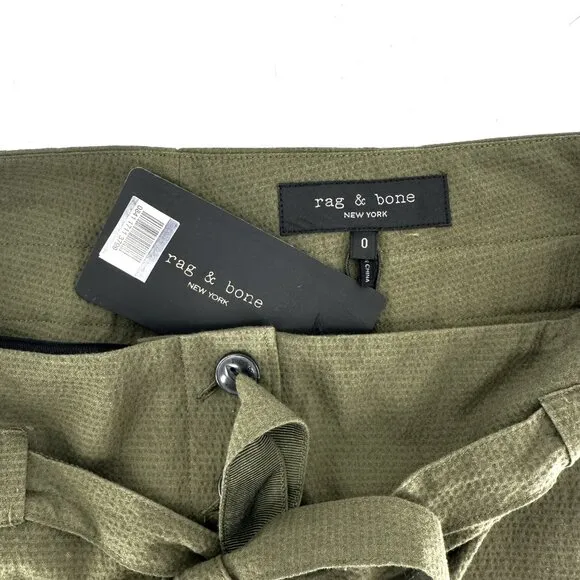 NWT Rag &amp; Bone Camille Belted Seersucker High Waist Shorts Olive Green Size 0