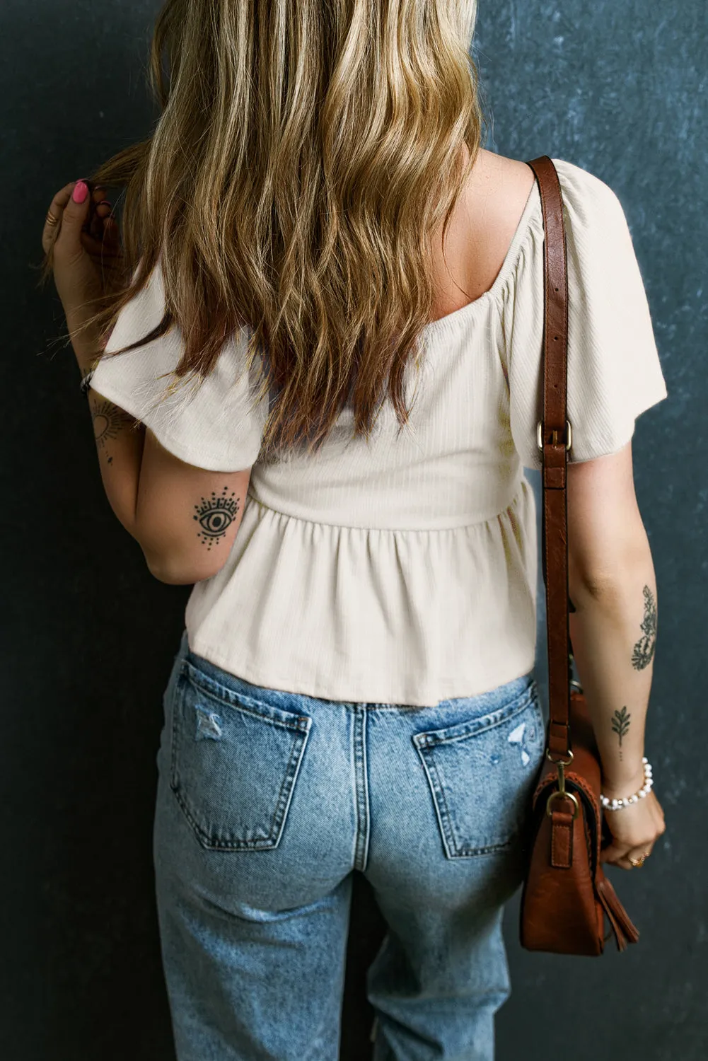 Oatmeal Shirred V Neck Short Sleeve Textured Blouse