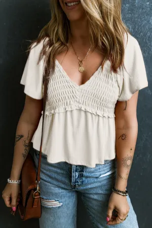 Oatmeal Shirred V Neck Short Sleeve Textured Blouse
