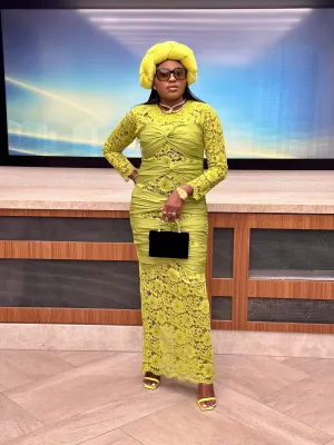 Ogechi lace pencil long dress- Chartreuse color
