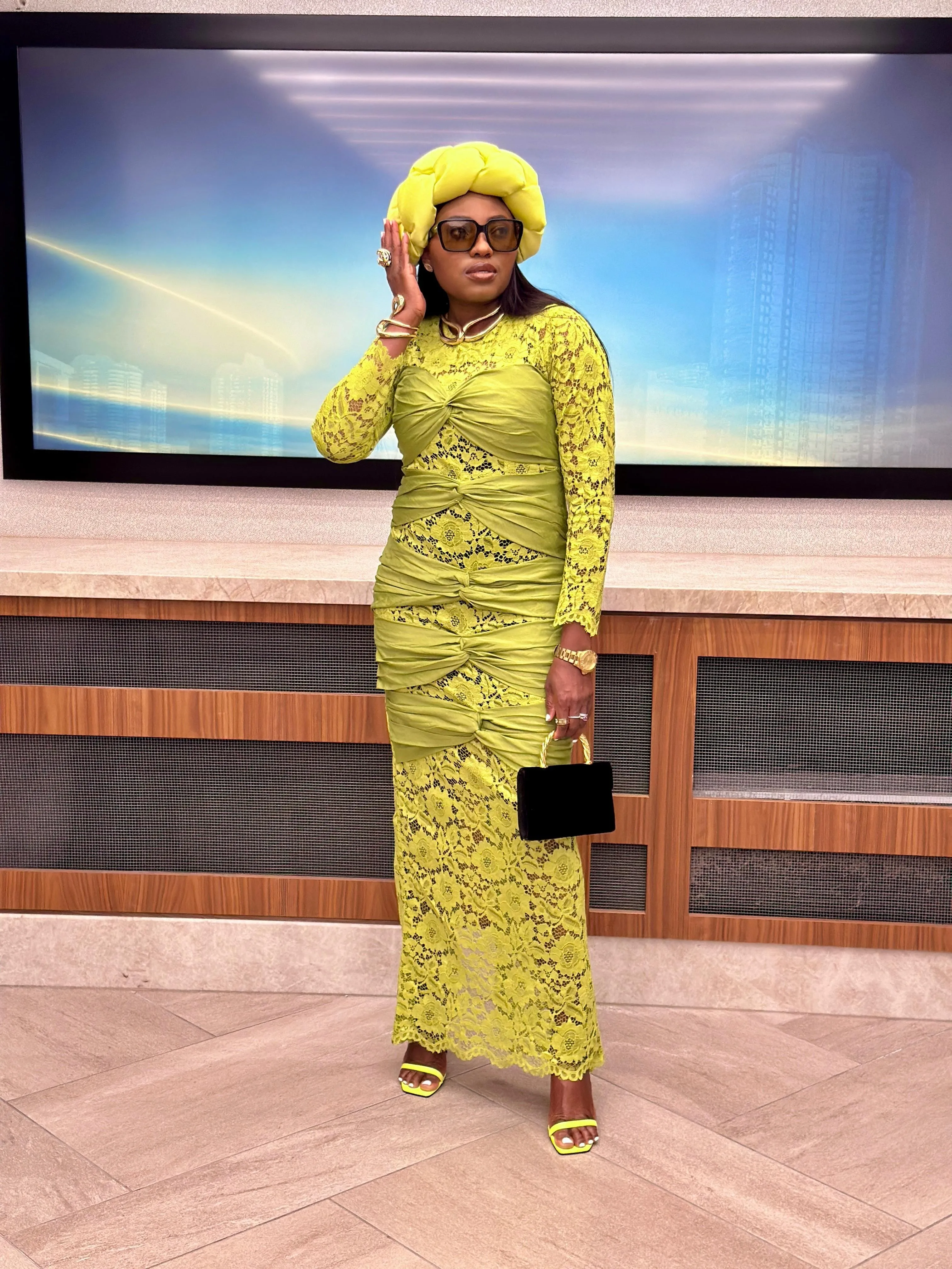 Ogechi lace pencil long dress- Chartreuse color