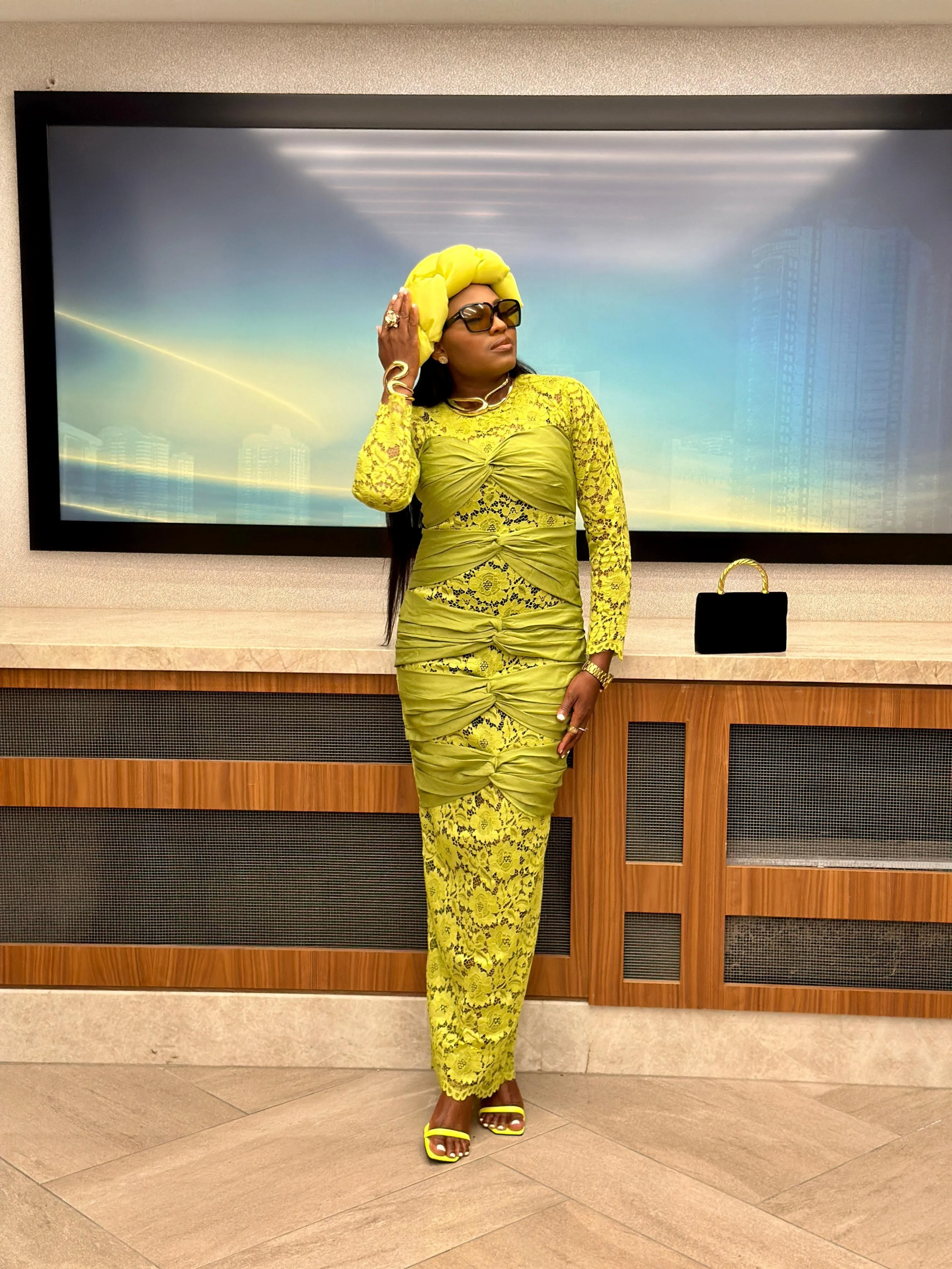 Ogechi lace pencil long dress- Chartreuse color