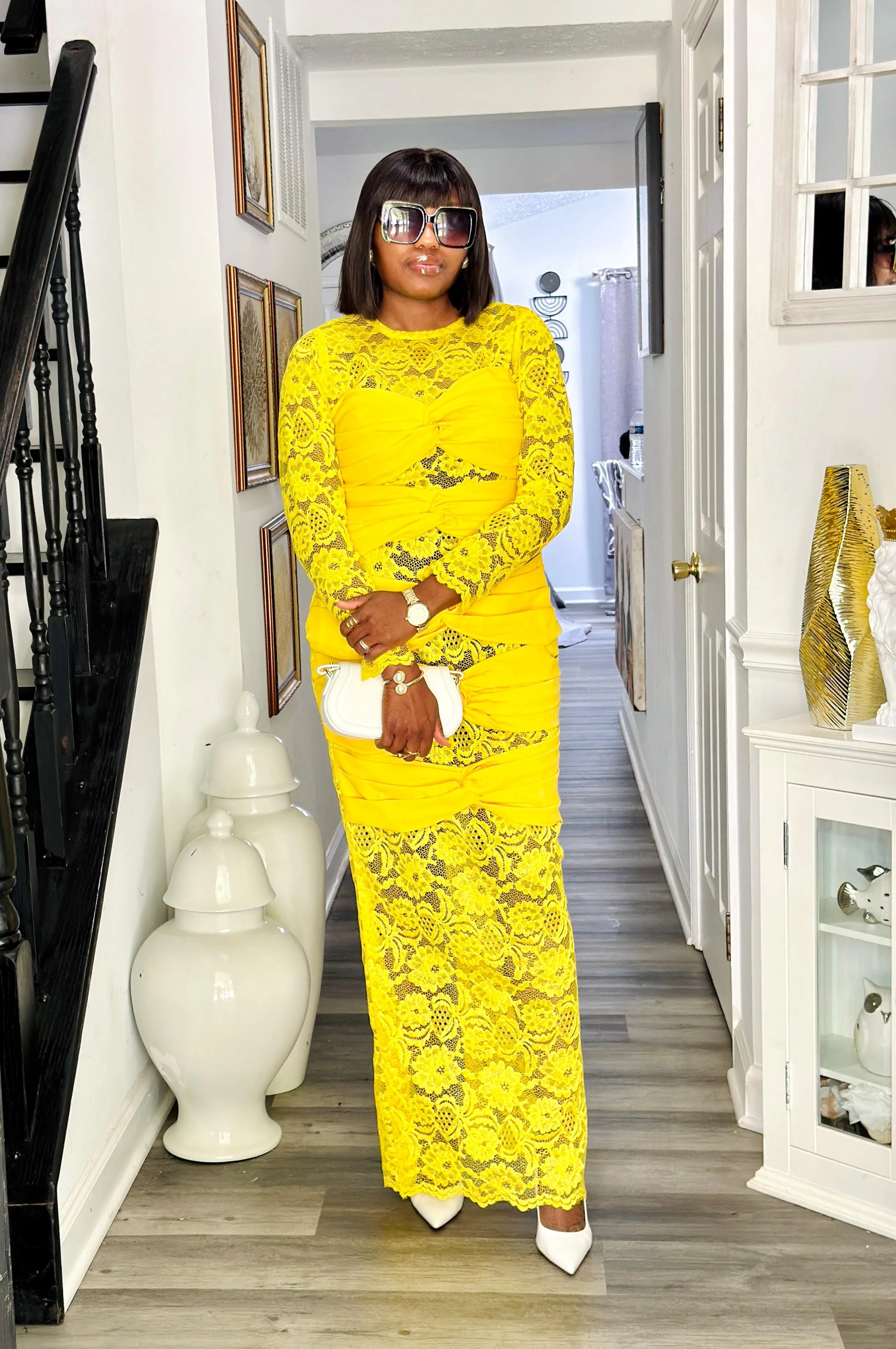Ogechi lace pencil long dress- Yellow