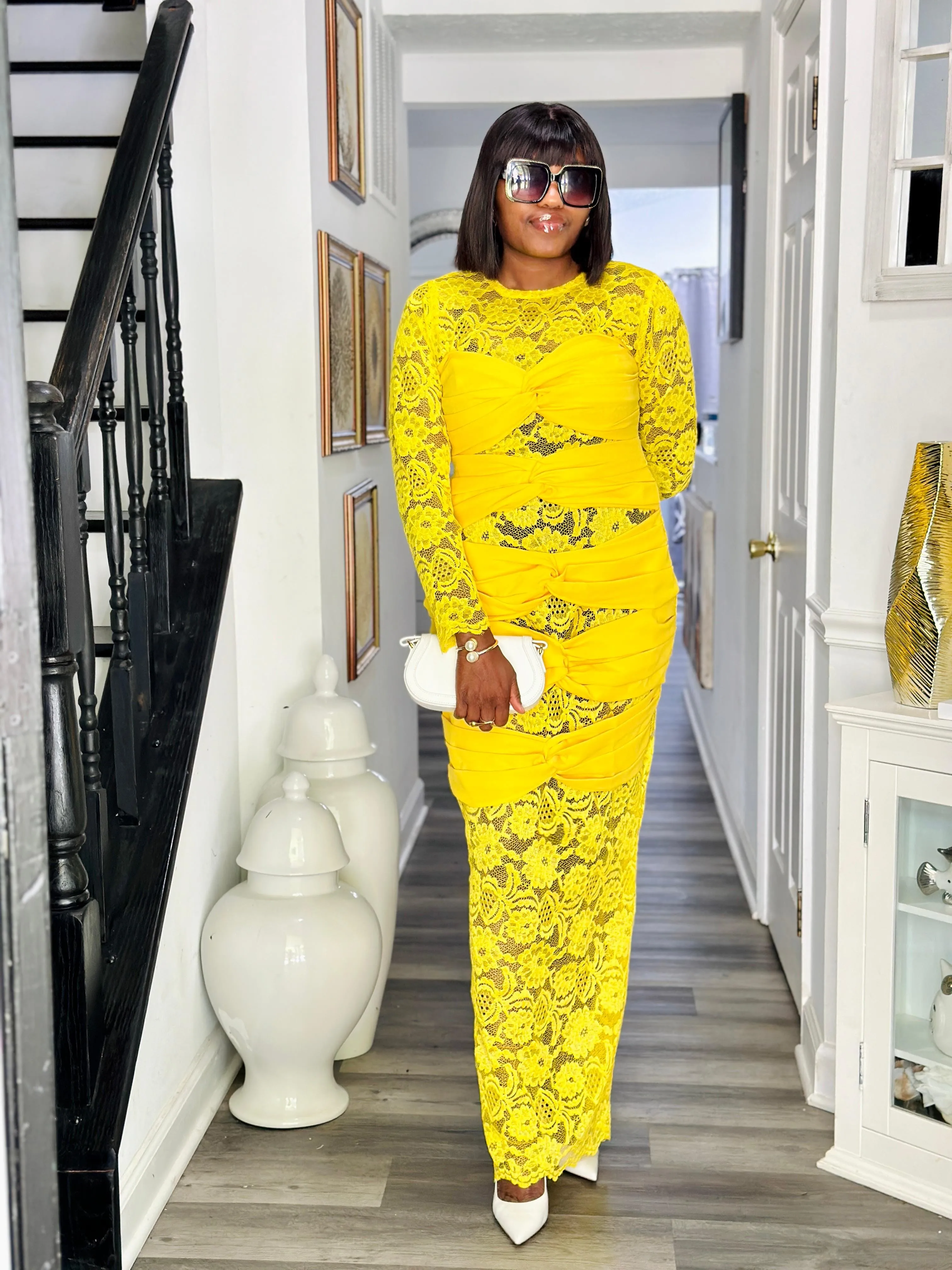 Ogechi lace pencil long dress- Yellow