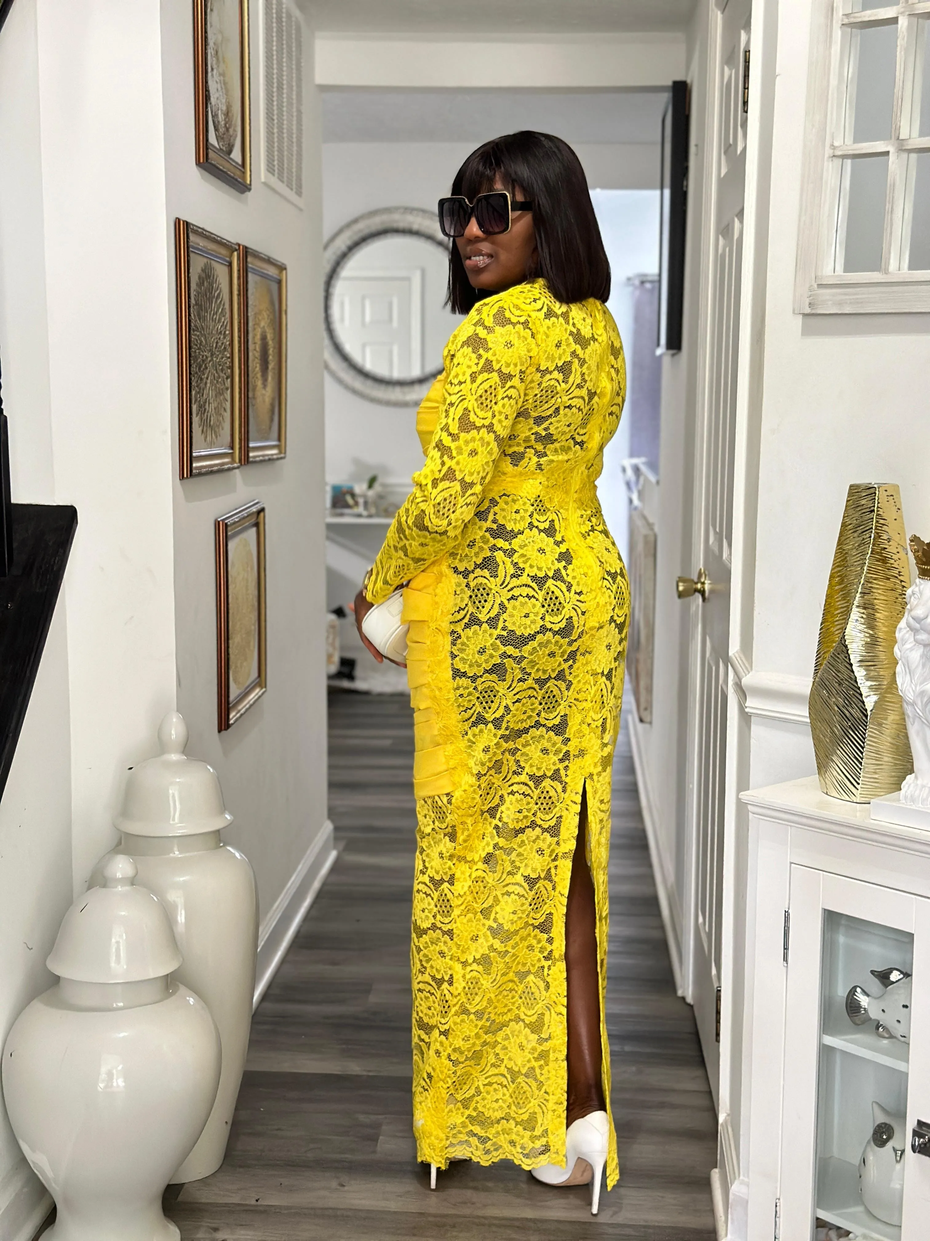 Ogechi lace pencil long dress- Yellow