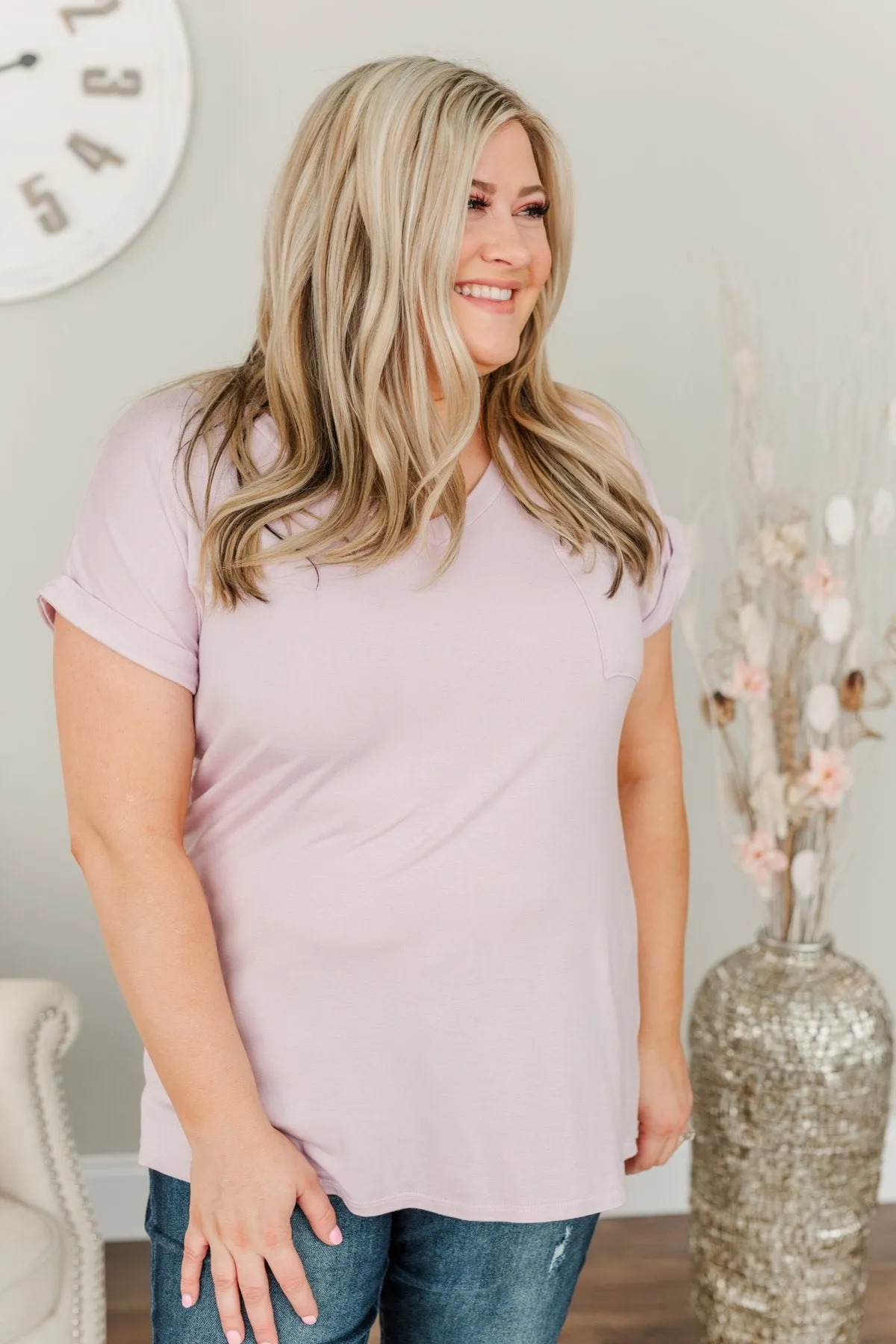 On My Own V-Neck Pocket Top- Lilac