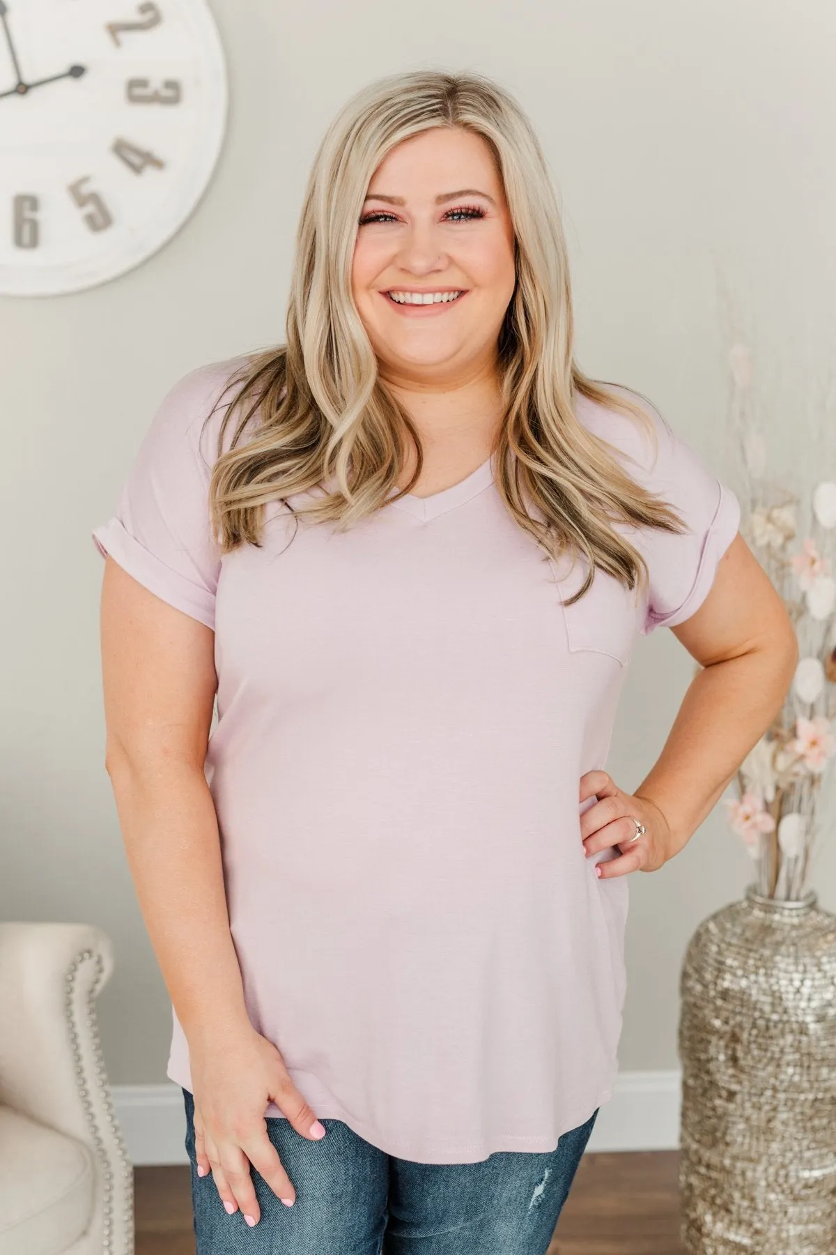 On My Own V-Neck Pocket Top- Lilac