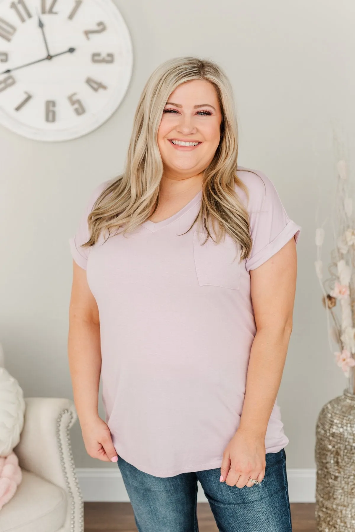 On My Own V-Neck Pocket Top- Lilac