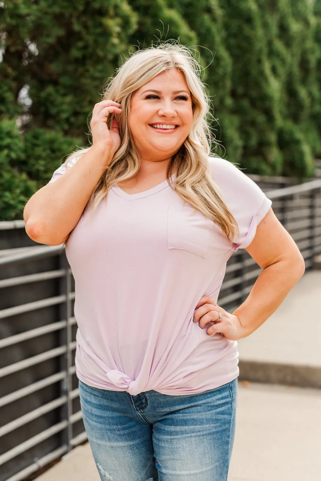 On My Own V-Neck Pocket Top- Lilac