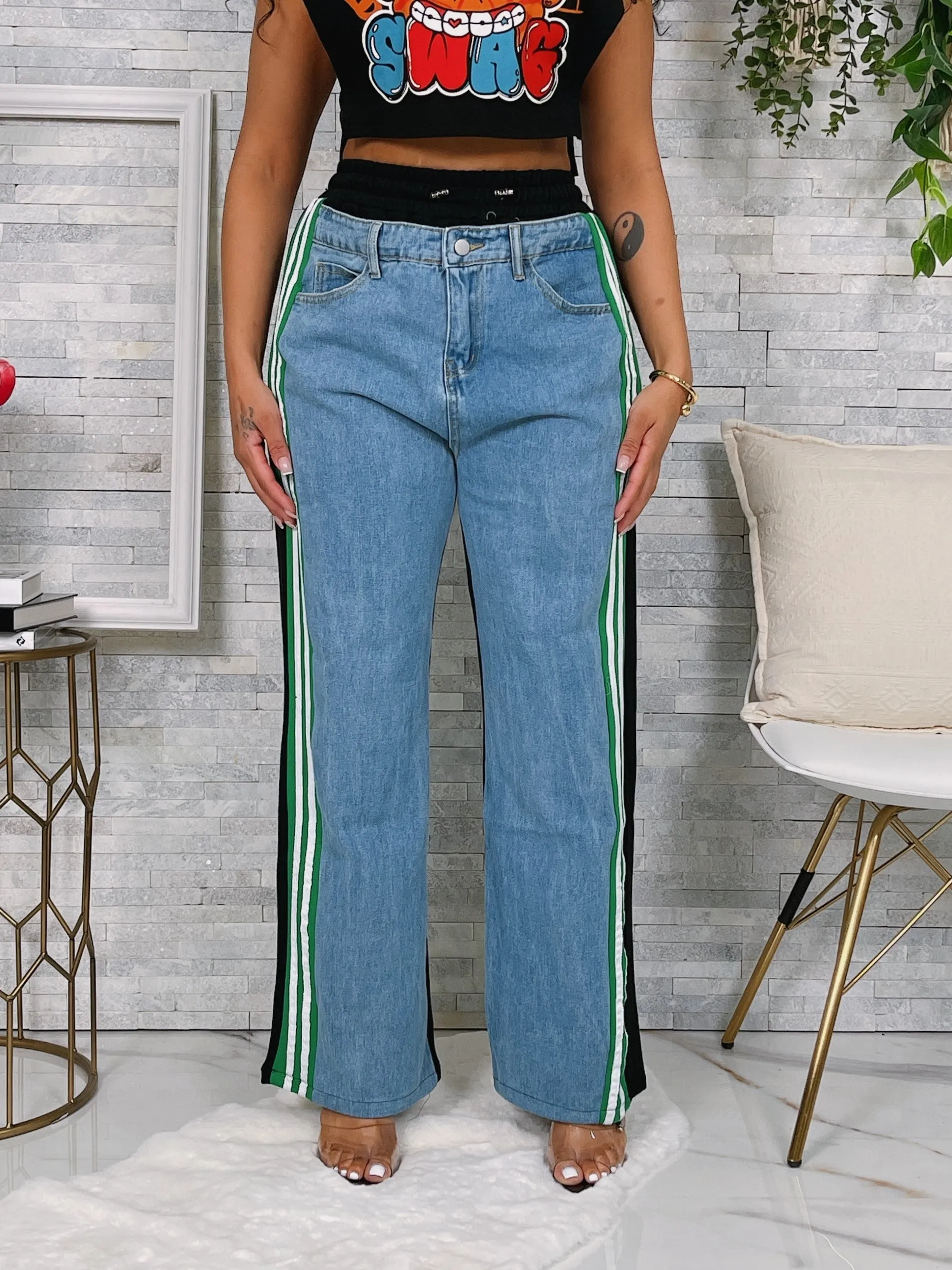 P9859P - DENIM FRENCH TERRY CONTRAST PANTS