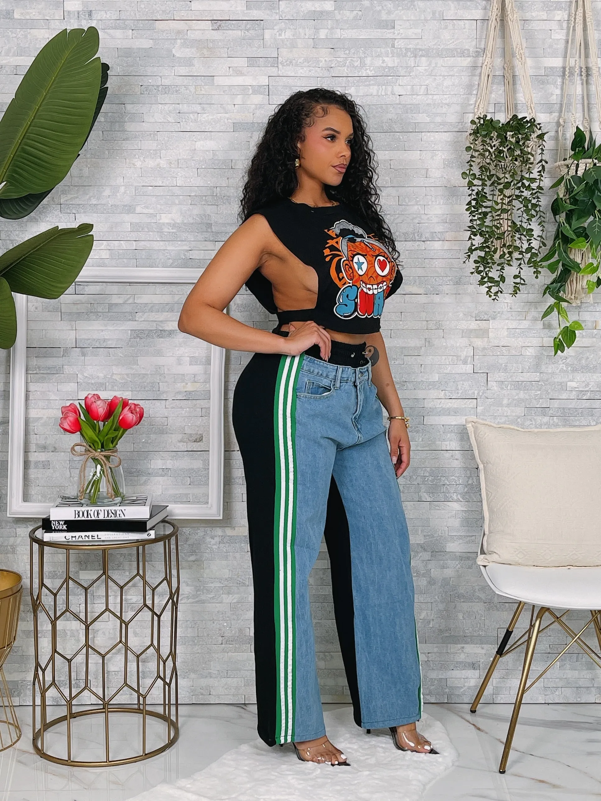 P9859P - DENIM FRENCH TERRY CONTRAST PANTS