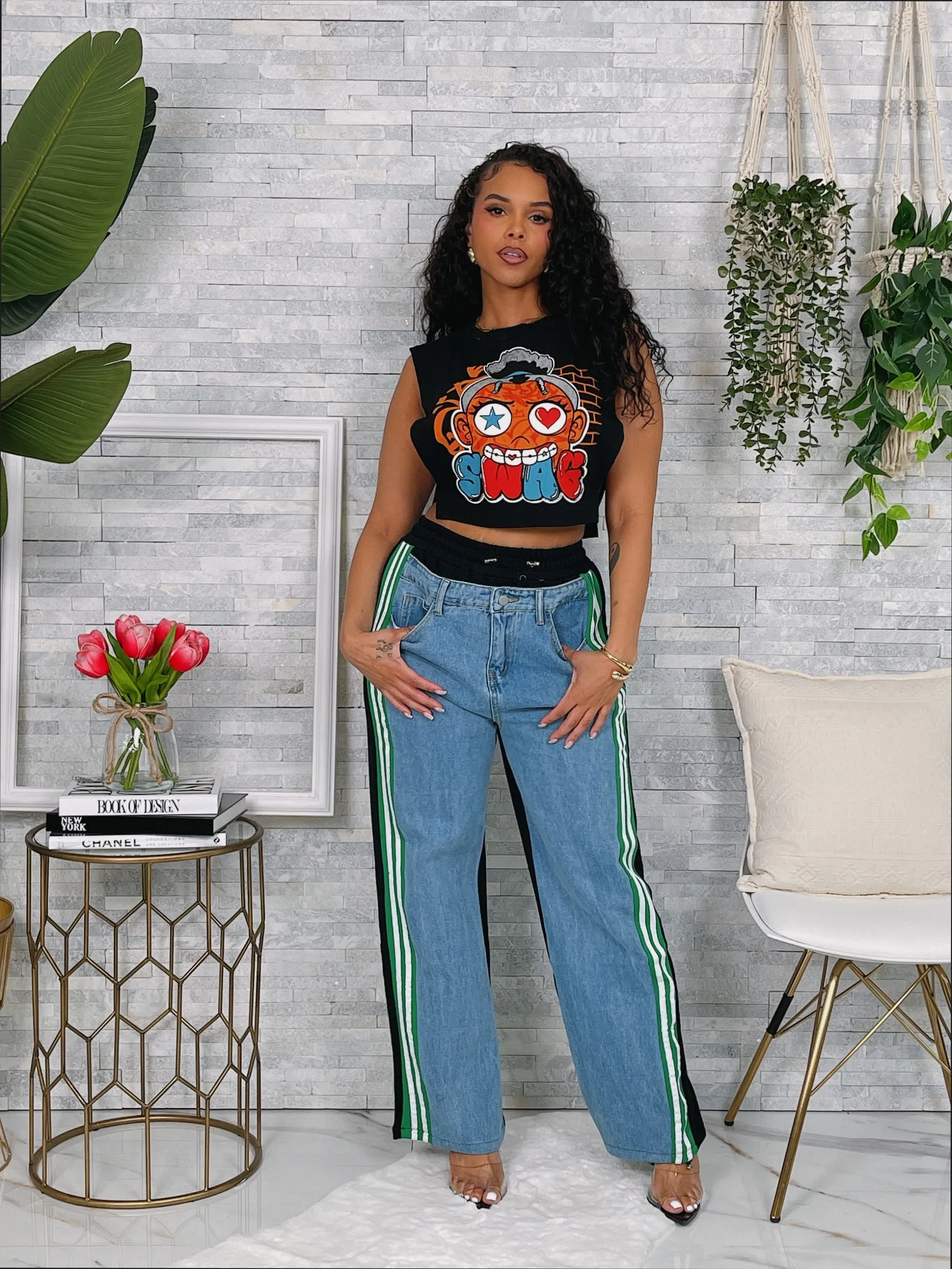 P9859P - DENIM FRENCH TERRY CONTRAST PANTS