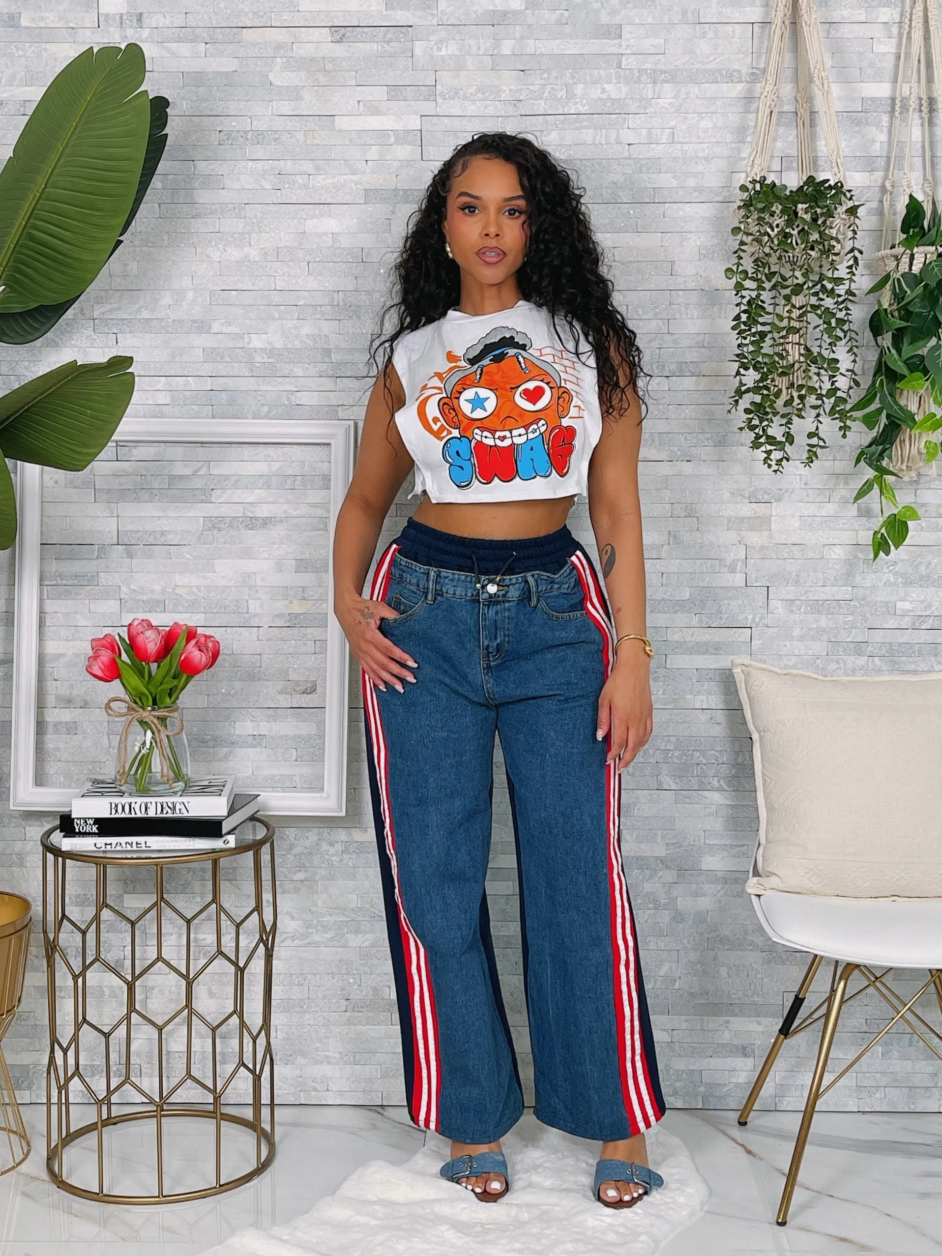 P9859P - DENIM FRENCH TERRY CONTRAST PANTS