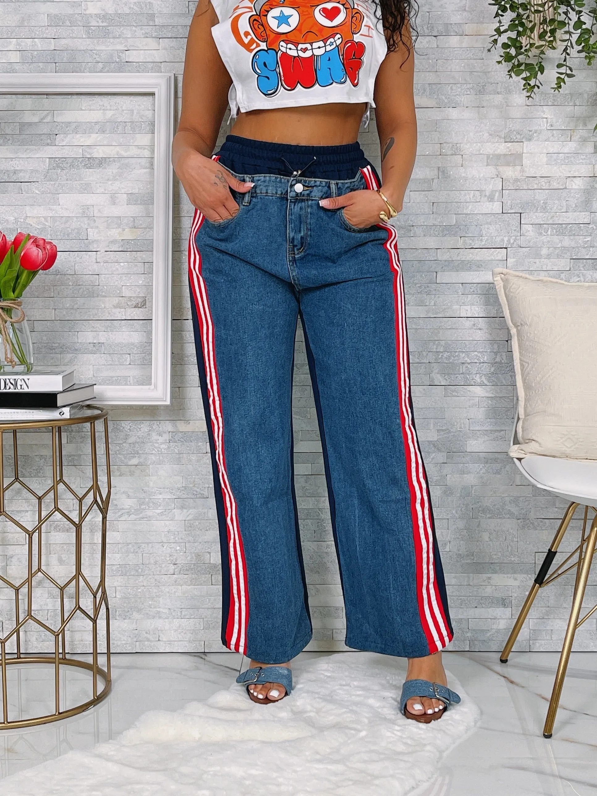 P9859P - DENIM FRENCH TERRY CONTRAST PANTS