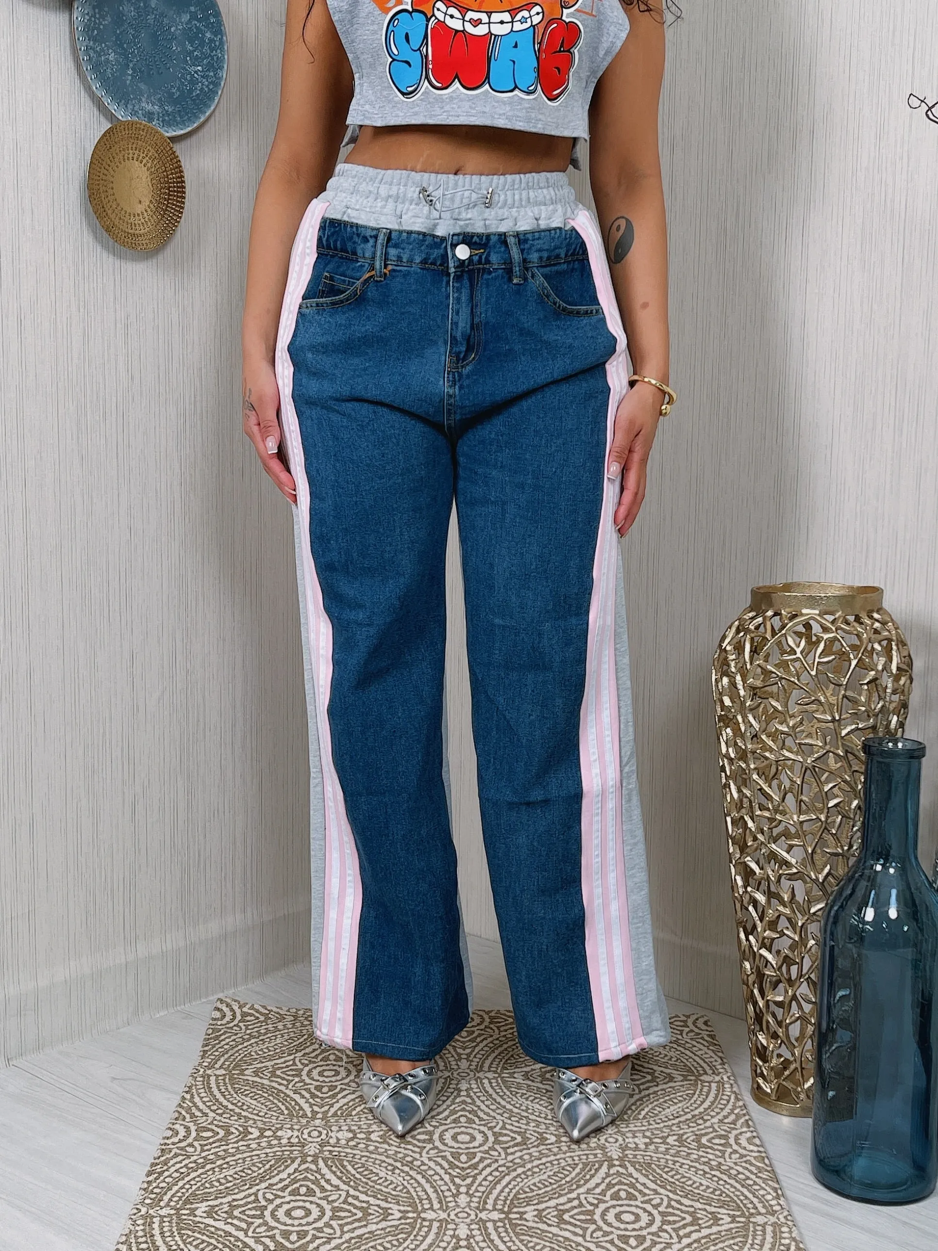 P9859P - DENIM FRENCH TERRY CONTRAST PANTS