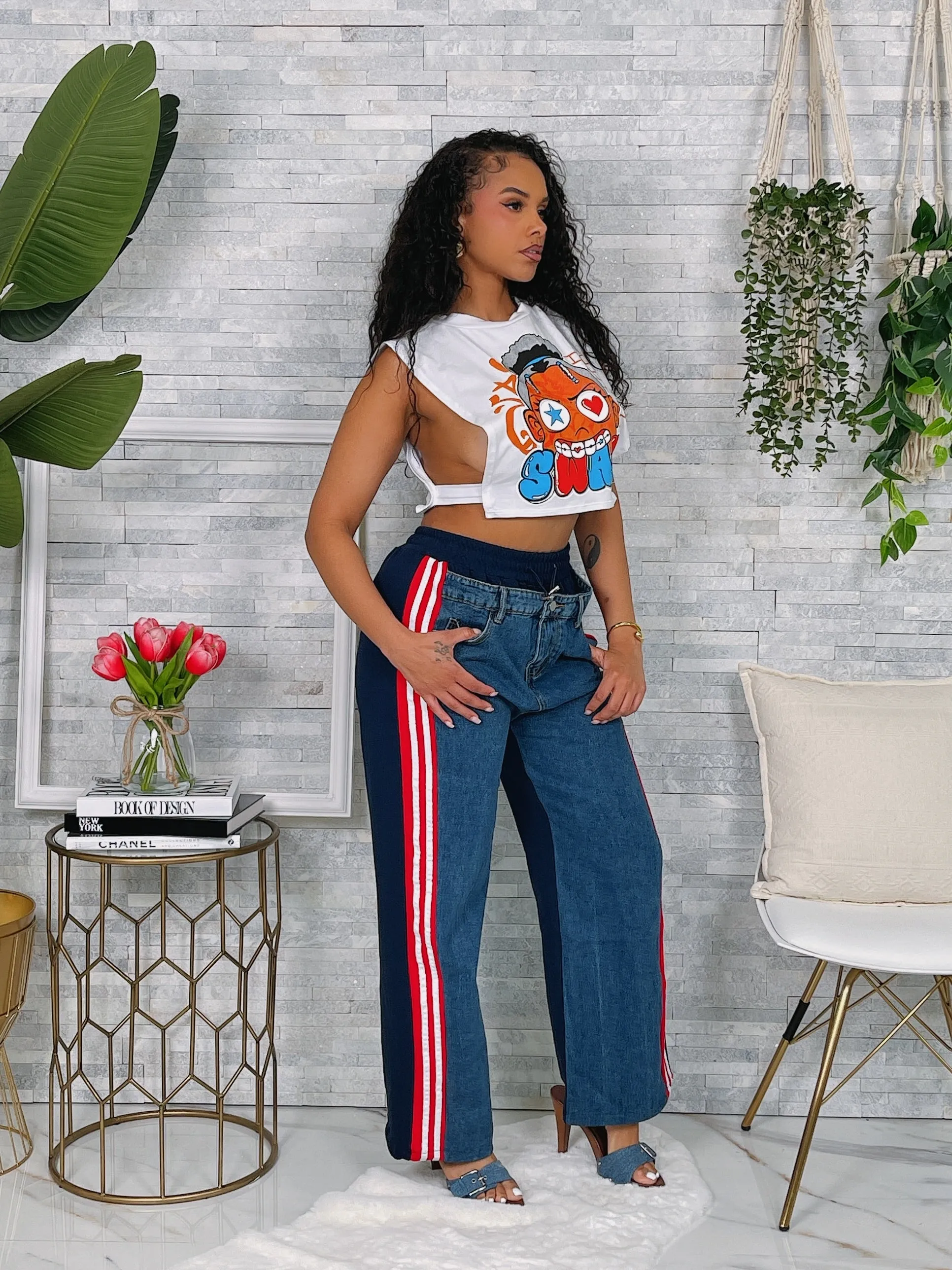 P9859P - DENIM FRENCH TERRY CONTRAST PANTS