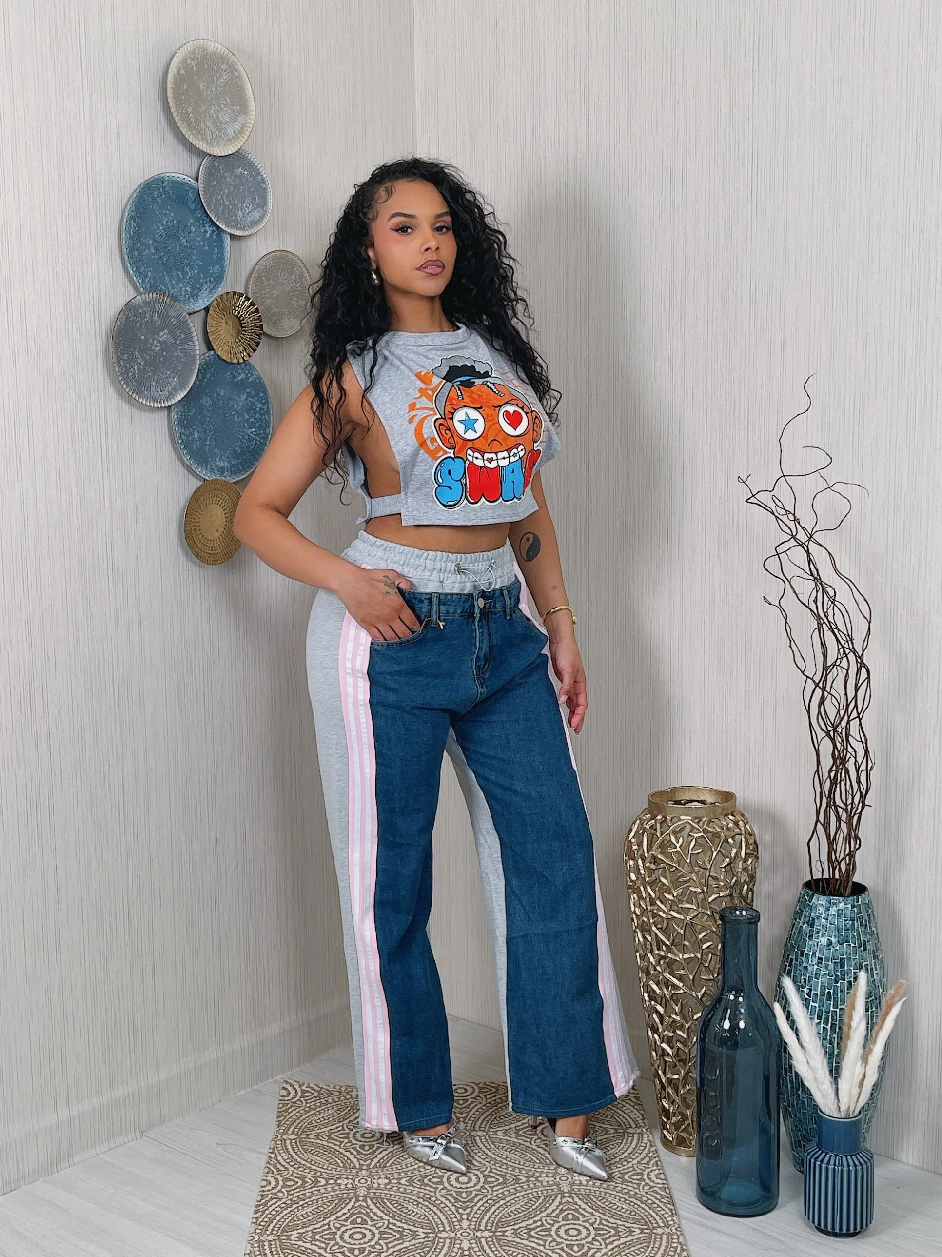 P9859P - DENIM FRENCH TERRY CONTRAST PANTS