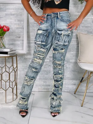 PA1532P - DENIM POCKET FRAYED STACKED PANTS