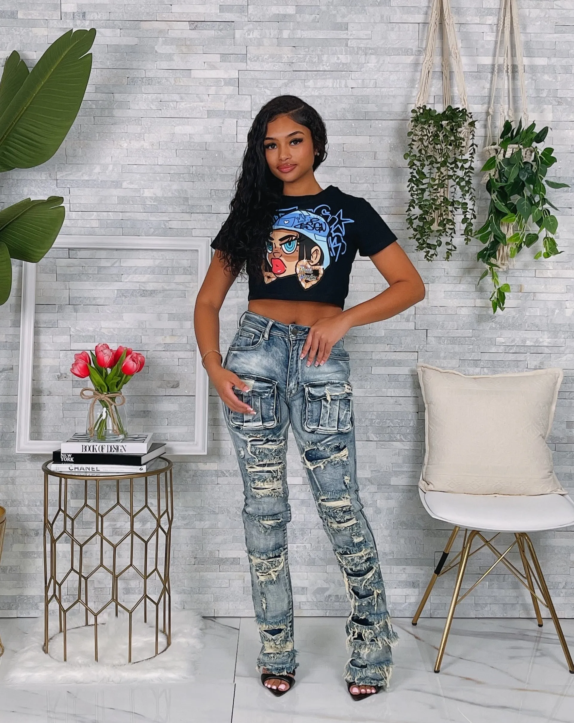 PA1532P - DENIM POCKET FRAYED STACKED PANTS