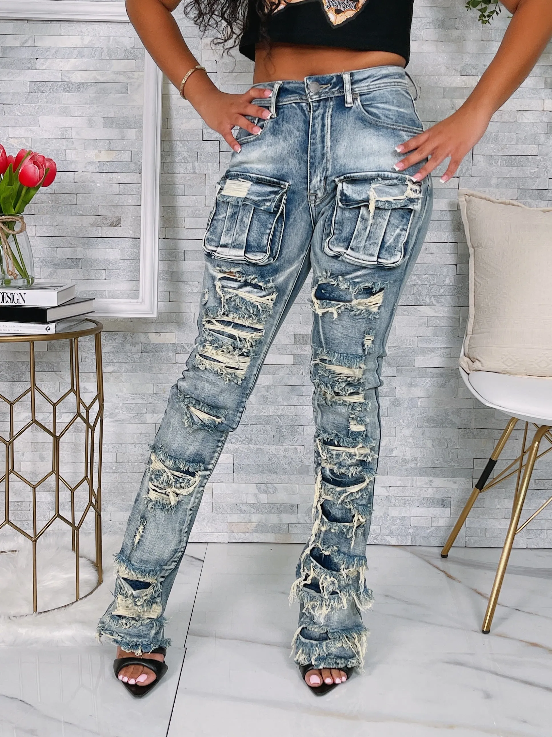 PA1532P - DENIM POCKET FRAYED STACKED PANTS