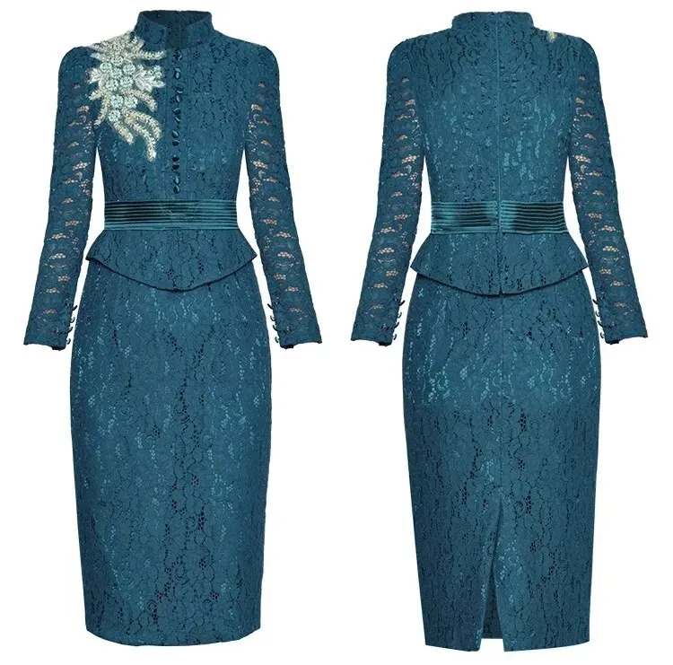 Pearl Pencil Dress Women Stand Collar Long Sleeve Beading Embroidery Office Lady Lace Dress