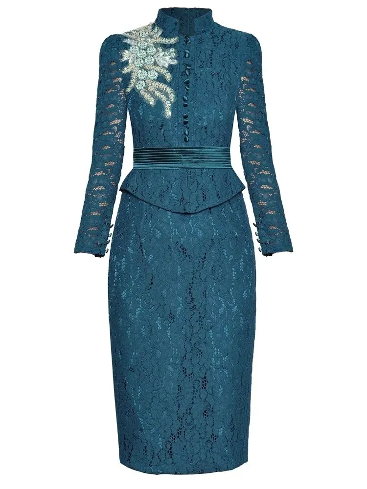 Pearl Pencil Dress Women Stand Collar Long Sleeve Beading Embroidery Office Lady Lace Dress