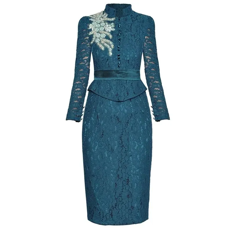 Pearl Pencil Dress Women Stand Collar Long Sleeve Beading Embroidery Office Lady Lace Dress