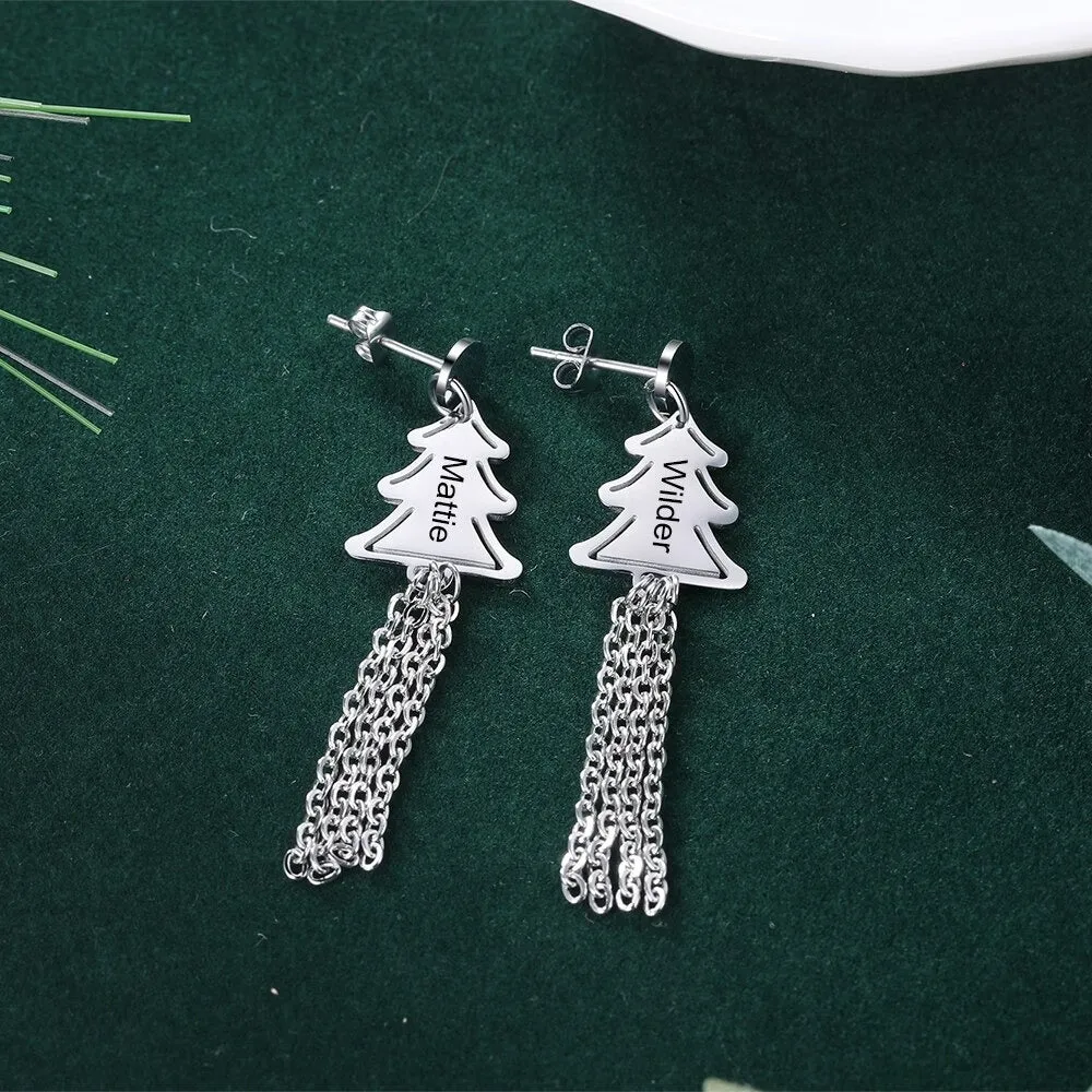 Personalized 2 Names Christmas Tree Tassel Earrings