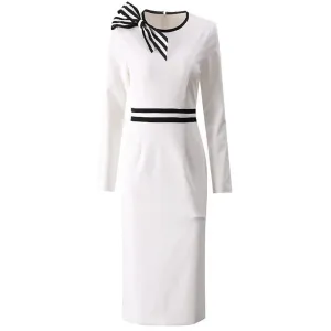 Phoenix Striped Bow O-Neck Long Sleeves Office Lady Dress