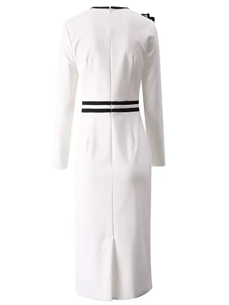Phoenix Striped Bow O-Neck Long Sleeves Office Lady Dress