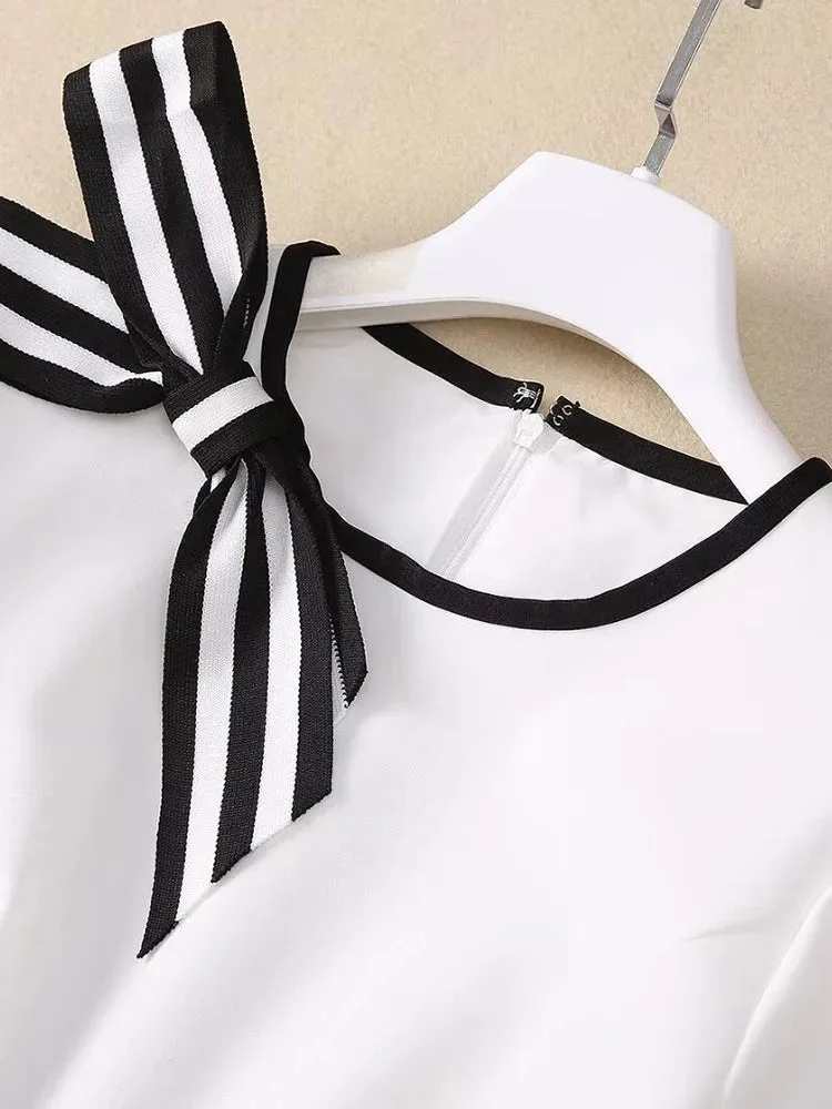 Phoenix Striped Bow O-Neck Long Sleeves Office Lady Dress