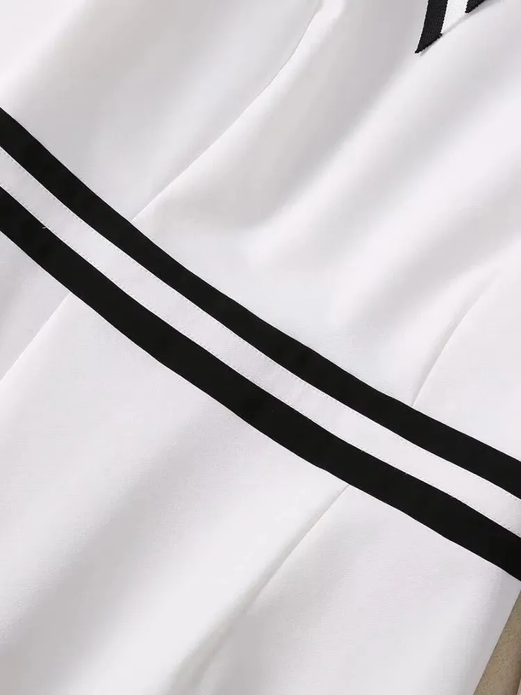 Phoenix Striped Bow O-Neck Long Sleeves Office Lady Dress